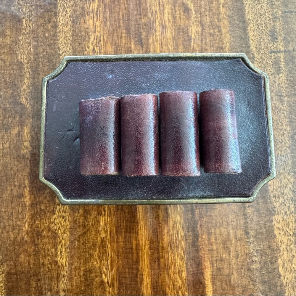 Vintage BTS solid brass belt buckle bullet holder w/4 leather slots for bullets